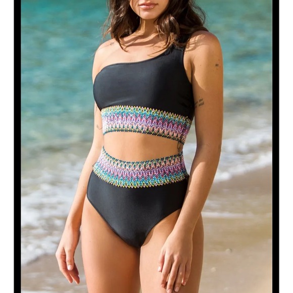 Women's L Black One Shoulder High Waisted Bikini Swimsuit Two Piece Beach Summer - Picture 1 of 5